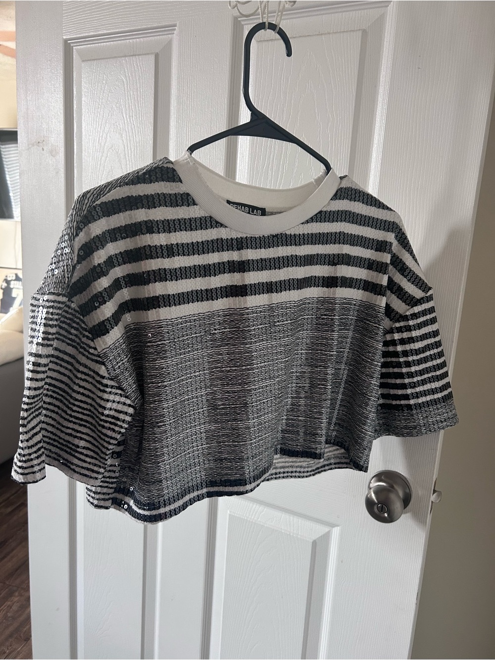 Rehab Lab Black & White Striped Sequin Crop Top